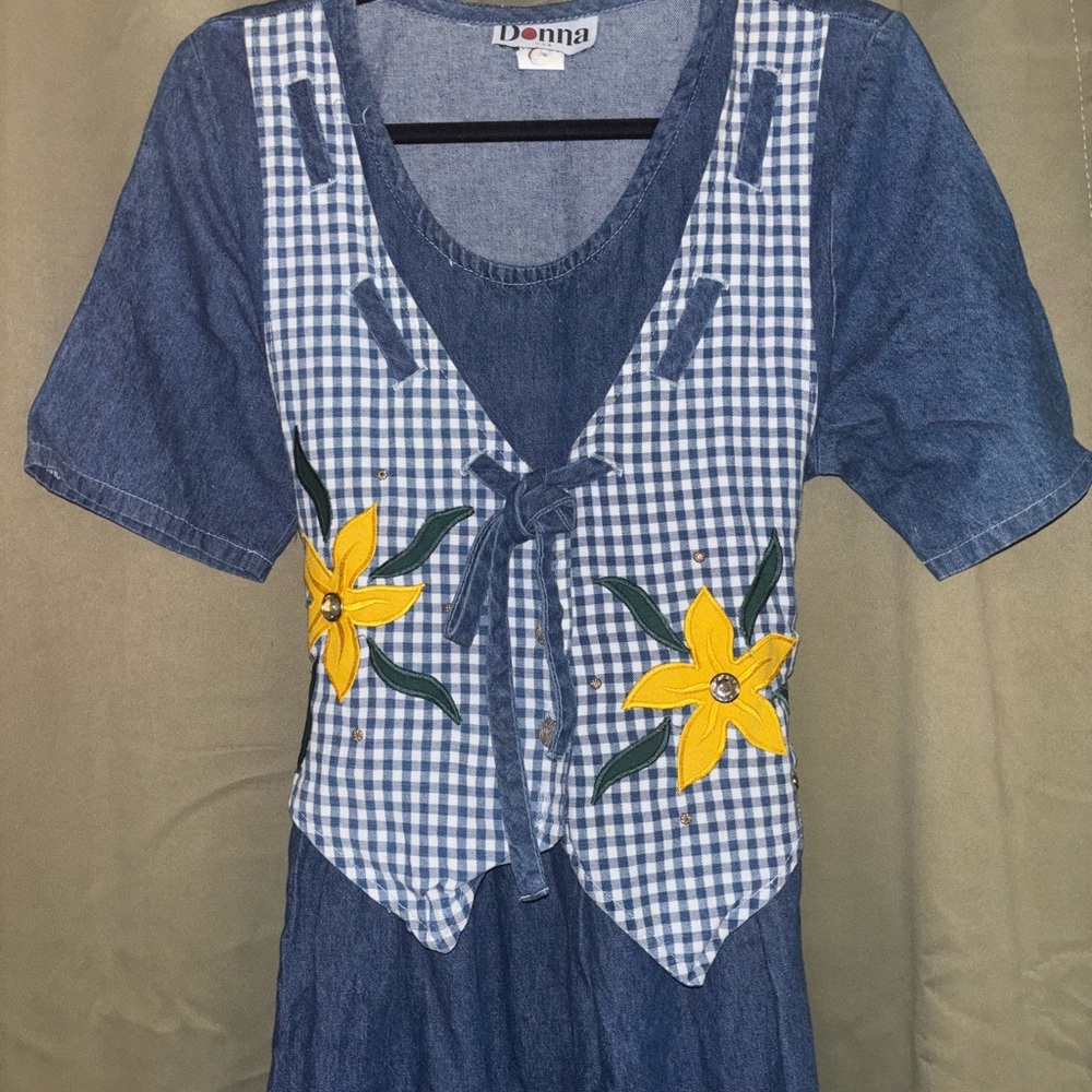 1970s Denim Dress with Floral Vest
